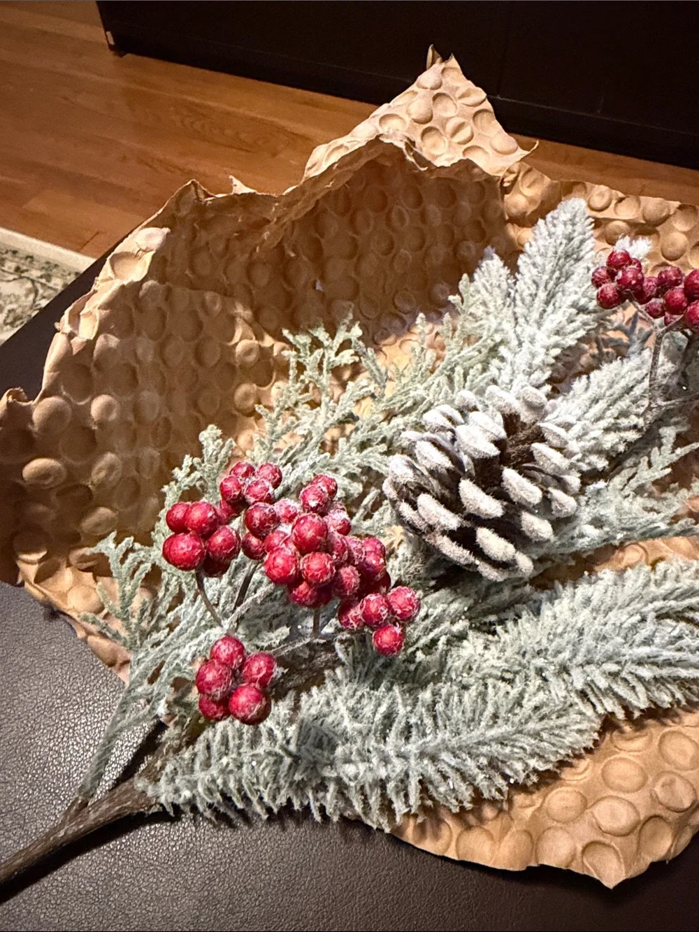 Flocked Pine Cone & Berry Spray - Frosted Green and Red